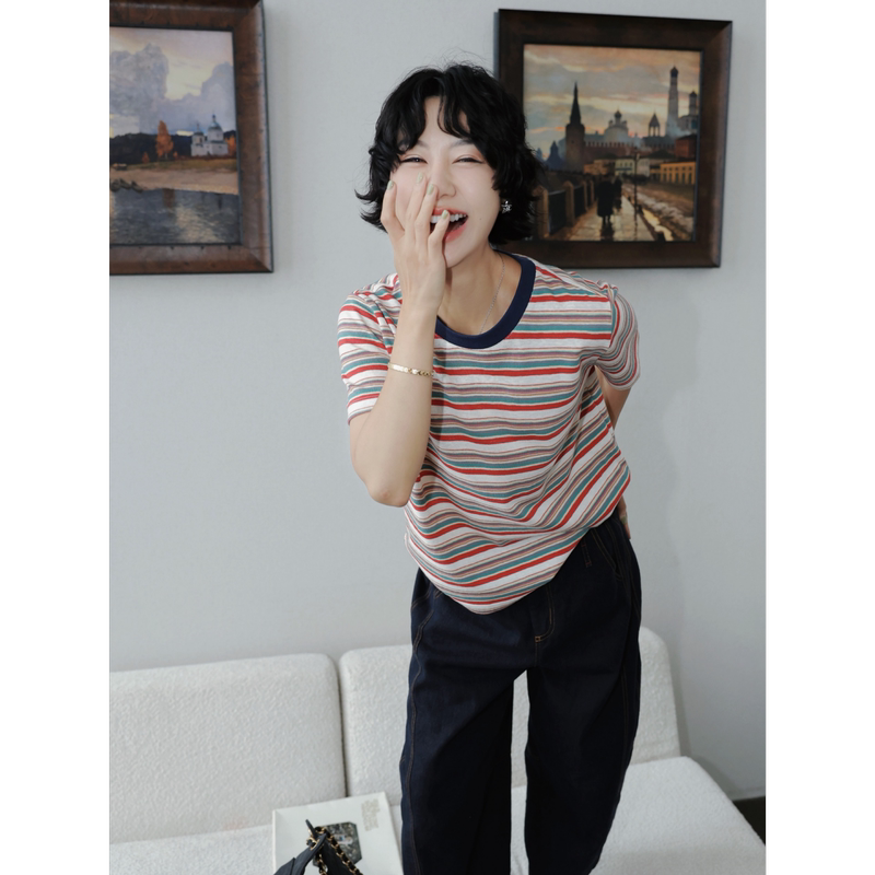 Tt Designer [Rainbow Stripes] Round Neck Color-Block Design Rainbow Striped T-Shirt Summer Vintage Versatile Short Sleeve