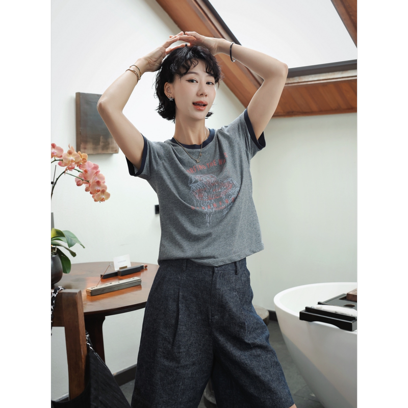 Tt Designer [Wave Jellyfish] Japanese-Style Simple Letter Print Short-Sleeve Summer New Color-Block Round-Neck Cotton T-Shirt
