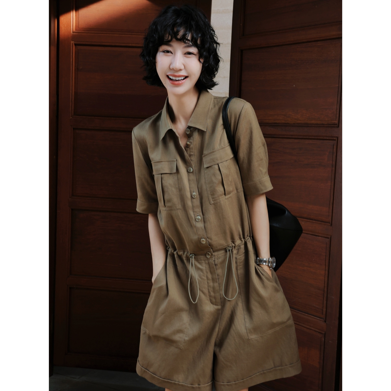 Tt Designer [Seattle] Relaxed Style Workwear Jumpsuit for Women, Summer Short Sleeve, Turn-Down Collar, Waist-Cinching, Slimming Jumpsuit