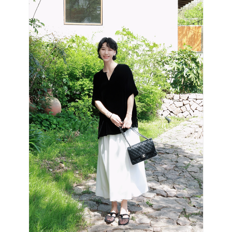Tt Designer [Breeze Love Letter] French-Style Acetate Mulberry Silk Blended Velvet Patchwork Dress Summer Long Dress