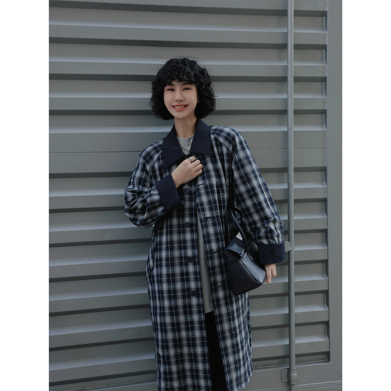 Clearance Sale Tt Designer [Azure Starry Sea] Vintage Plaid Reversible Trench Coat Women's Spring Lapel Jacket