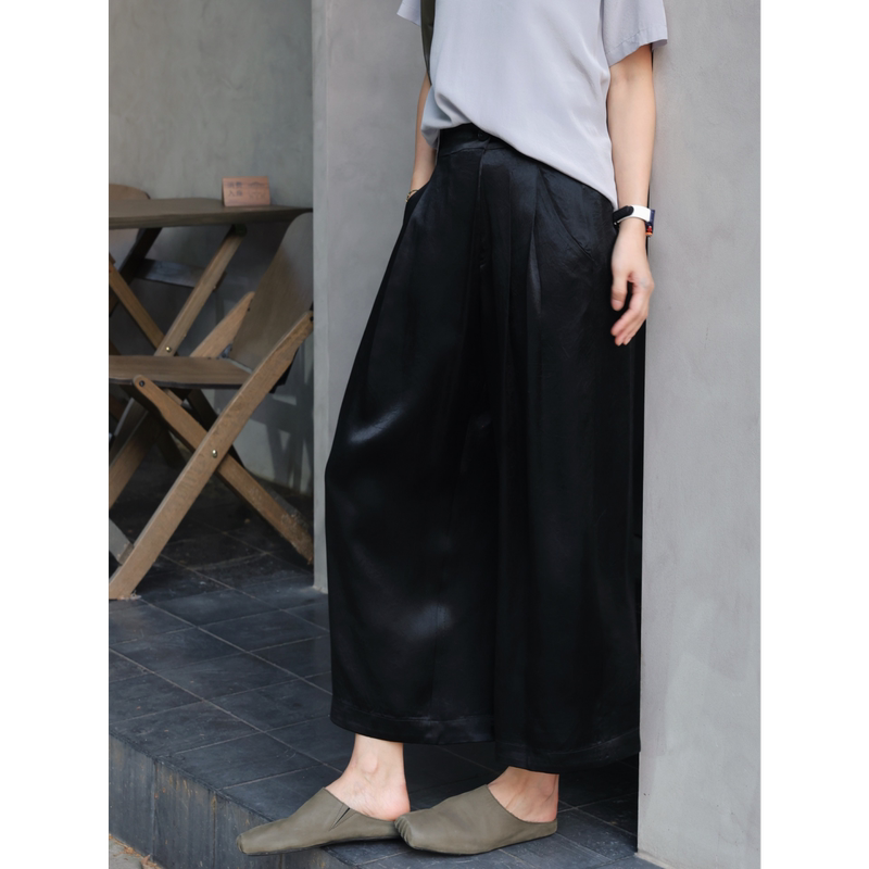Tt Designer [Acetate Diary] 100% Acetate High-Grade Satin Glossy Diagonal Placket Draped Wide-Leg Cropped Pants