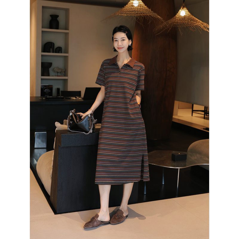 Tt Designer [Vintage Film] Vintage Coffee Color Striped Cotton Dress Women's Summer Polo Collar Straight Skirt