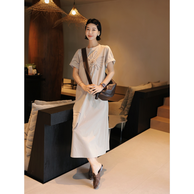 Tt Designer [Sunflower] Heavy Embroidery Multi-Color Cotton-Feel T-Shirt Dress Women's Summer Loose Straight Long Dress