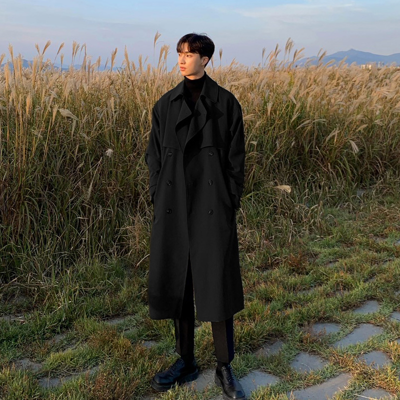 2022 new windbreaker men's mid-length Korean version of the British style over the knee coat men's trendy ruffian handsome autumn and spring coat