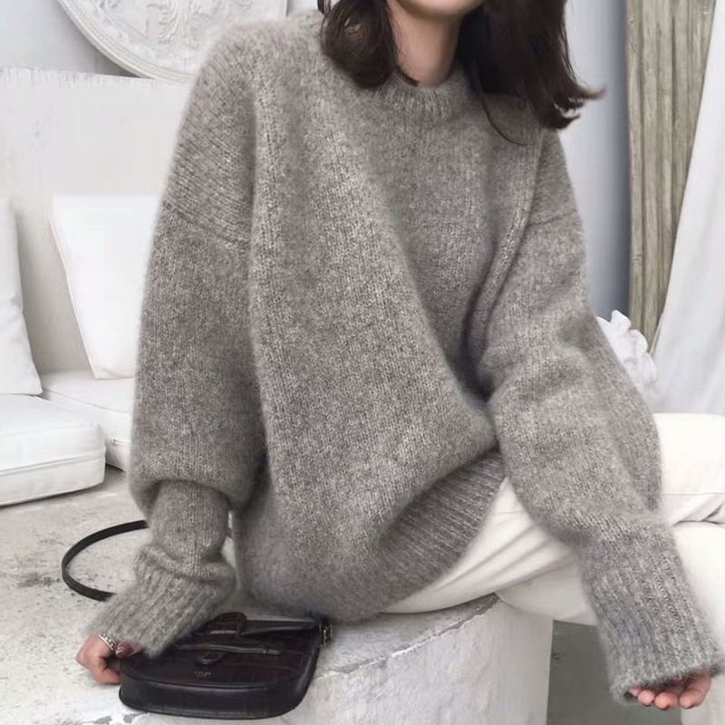 Gray Seahorse Wool Sweater for Women, Autumn and Winter, Retro Style, Loose Fit, Pullover Knit Top for Outerwear