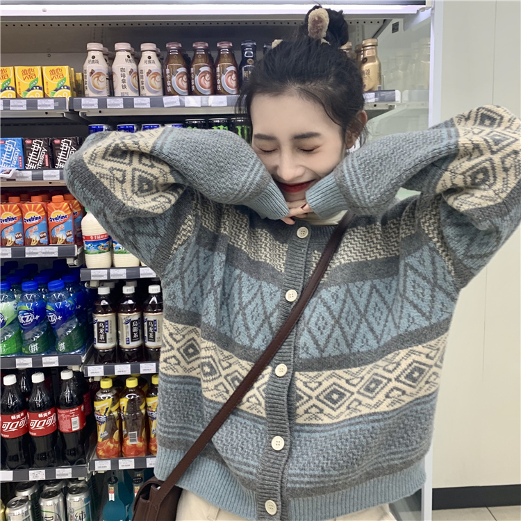 Lazy Wind Pattern Sweater Sweatshirt Woman Coat 2021 Autumn Winter New Korean Version of the Han version Ancient Relaxation Short and Knitted Cardiovert