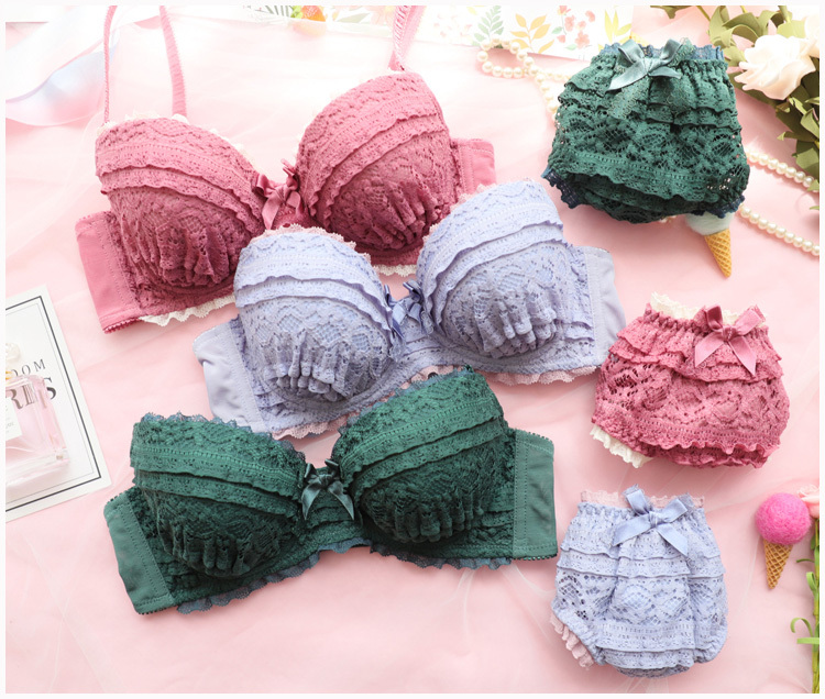 Japanese-Style Sweet Lace Wireless Comfortable Side-Gathering Push-Up Peach Cake Bra Set Sexy Lingerie