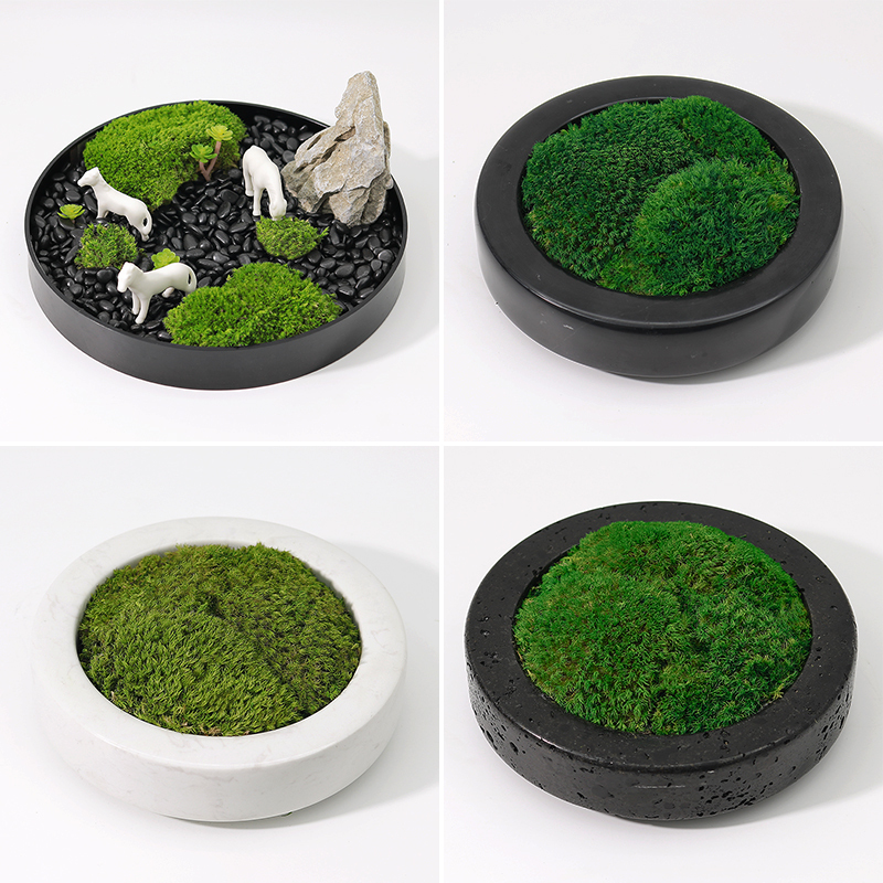 Modern Minimalist Travertine Eternal Moss Ornament, New Chinese-Style Wabi-Sabi Green Plant Soft Decoration for Model Home Living Room and Tea Room