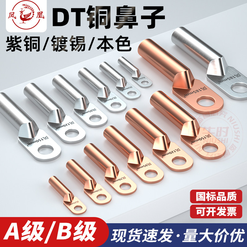 正品凤凰铜鼻子国标加厚紫铜线耳接线端子铜接头电缆接头DT系列