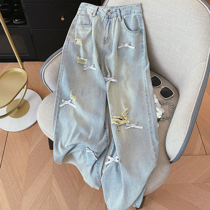 Junior High School and High School Student Girls' Girly Style 2026 New Summer Stylish Jeans Straight Loose Wide-Leg Pants