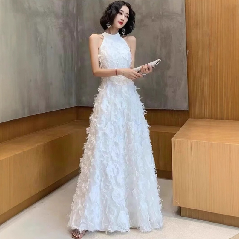 Girl's 18Th Birthday Ceremony Dress, White Halter Neck Birthday Party Dress, Sleeveless Long Evening Gown for Art Exam