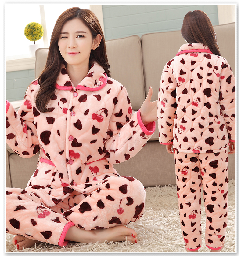 Bộ đồ ngủ nữ mùa đông ba lớp dày flannel Bộ đồ ngủ đặt mùa thu và mùa đông ấm áp nhung nước nhung dịch vụ nhà nhung pyjama nam