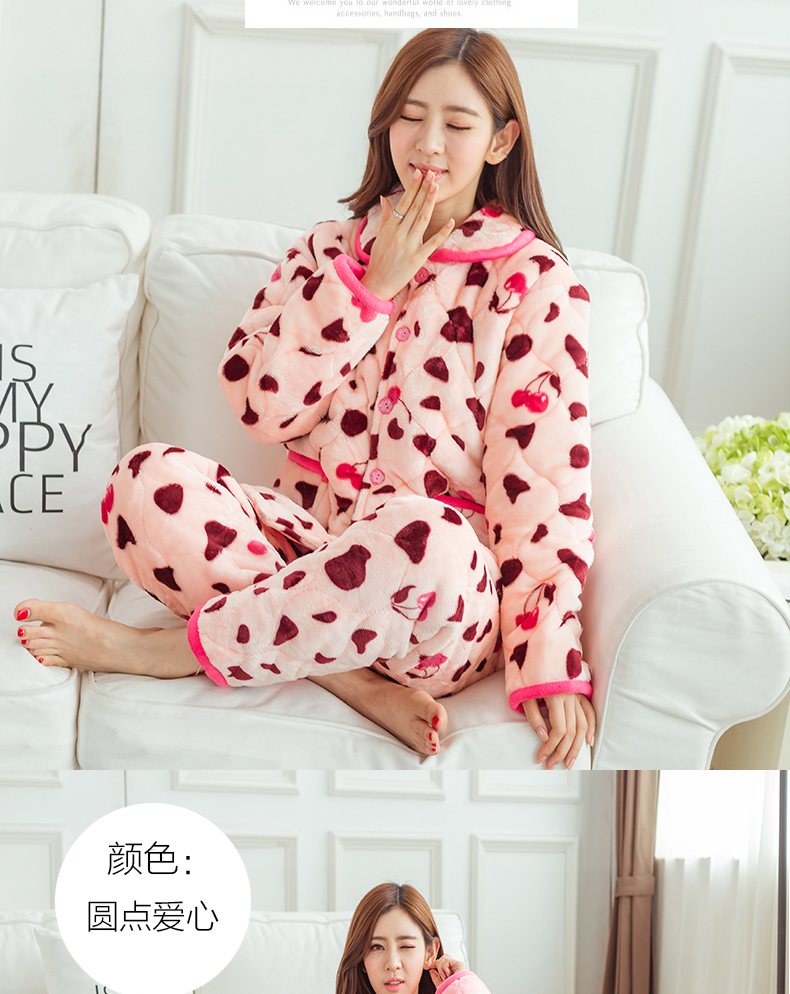 Bộ đồ ngủ nữ mùa đông ba lớp dày flannel Bộ đồ ngủ đặt mùa thu và mùa đông ấm áp nhung nước nhung dịch vụ nhà nhung pyjama nam