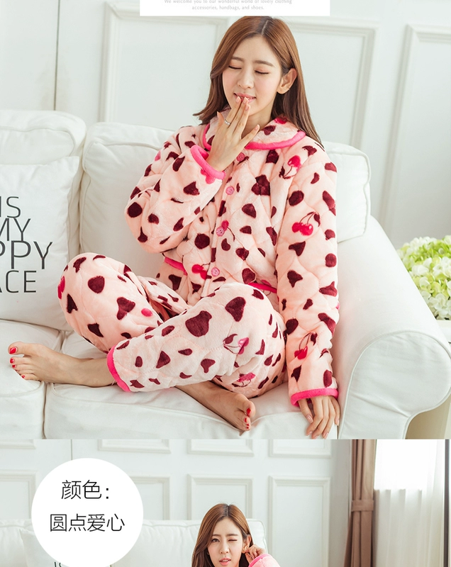 Bộ đồ ngủ nữ mùa đông ba lớp dày flannel Bộ đồ ngủ đặt mùa thu và mùa đông ấm áp nhung nước nhung dịch vụ nhà nhung pijama lụa