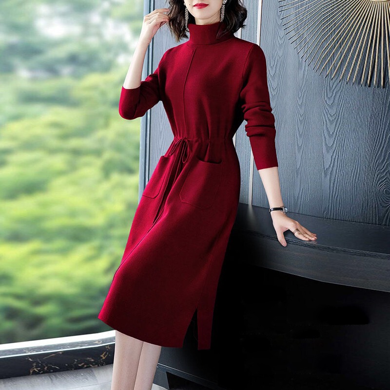 High-Quality Blended Knit Turtleneck Dress for Women, Autumn and Winter, Paired with a Coat, Elegant, Thick, Over-The-Knee Long Sweater Dress
