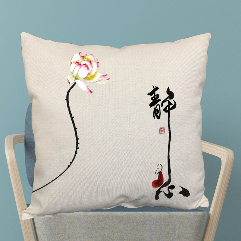 Chinese ink painting lotus cotton and linen pillow Zen Chinese style mahogany sofa cushion living room pillow case with core
