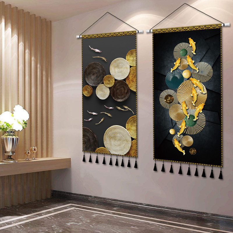 Light luxury modern nine fish figure cloth art hanging painting Chinese style entry porch decoration tapestry living room cloth painting background wall hanging cloth
