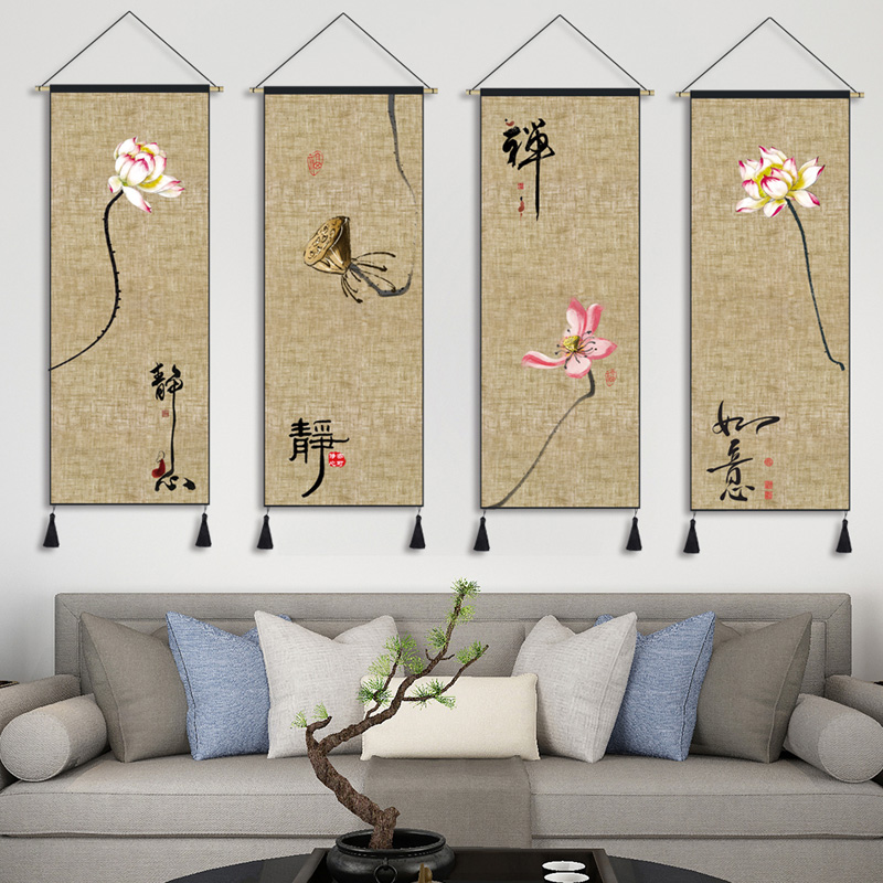 Hanging canvas art Chinese style Chinese style Zen retro living room sofa background wall tapestry hanging cloth bedroom cloth painting