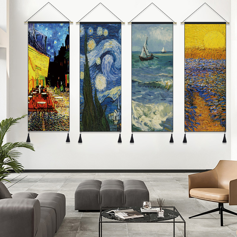 Van Gogh oil painting tapestry background wall hanging cloth wall painting headboard decoration hanging painting electric meter box sheltering handmade cloth painting flow Su