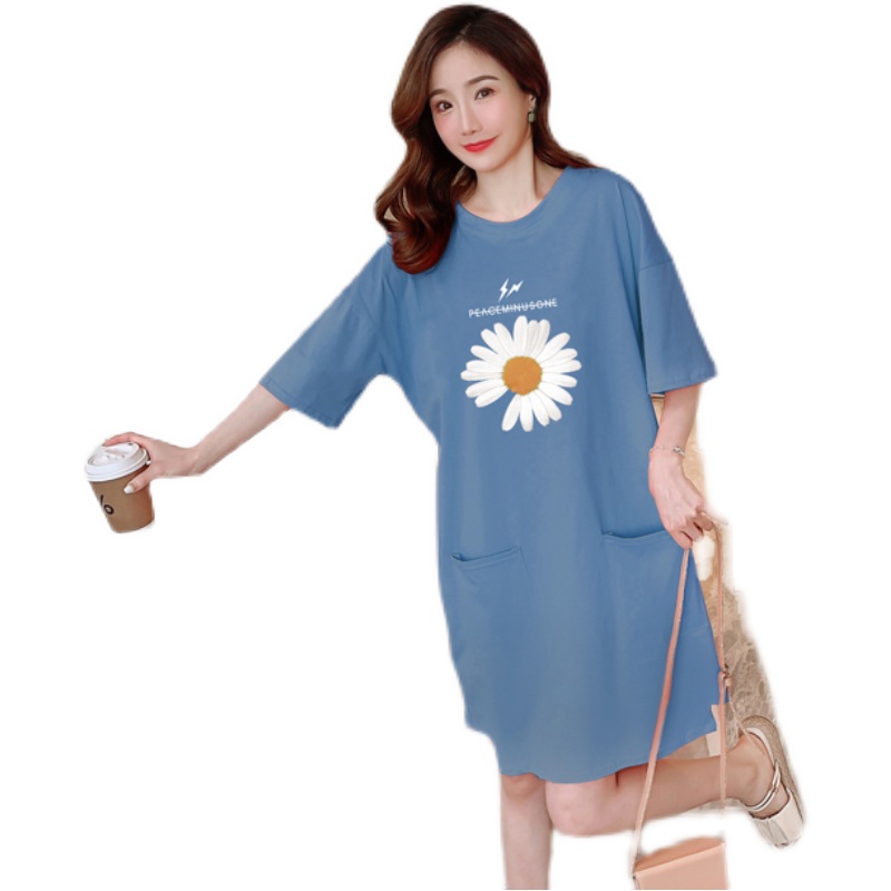 睡裙女春夏纯棉可外穿中长款口袋短袖睡衣大码宽松休闲全棉家居服