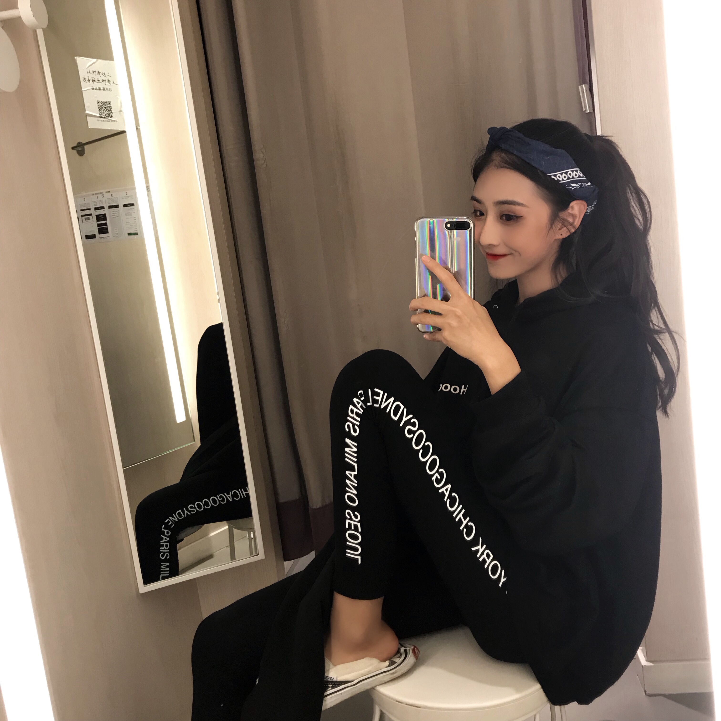 Quần thể thao cotton nữ mùa thu mặc eo cao in thun co giãn bó sát chín điểm quần quần mỏng quần tây nữ lưng cao