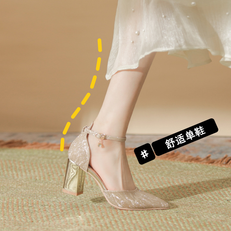 Small Size Women's Shoes 313233 New Style Glitter Chunky Heel Single Strap Hollow High Heels Simple Elegant Commuting Widened