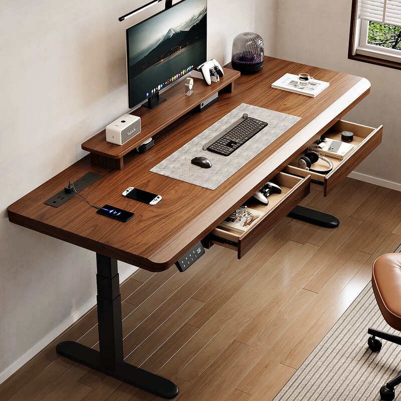 Jiechang Dual-Motor Solid Wood Electric Height-Adjustable Desk Computer Desk with Drawer Gaming Desk Home Desk Office Desk