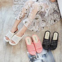 Vietnam imported rubber slippers womens summer one-step slope high-heels thick-soled slippers non-slip rhinestones