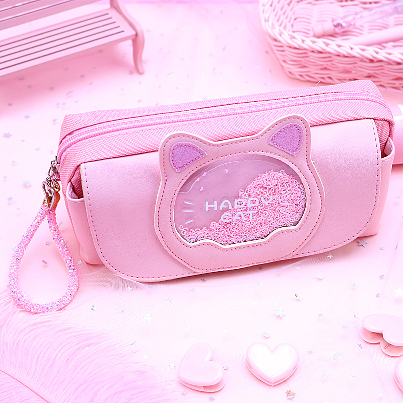 Net red quicksand pencil case female primary school cat pencil case stationery bag cute simple three-layer large-capacity girl heart