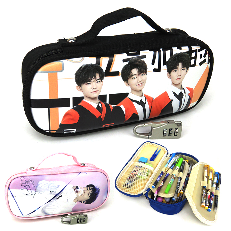 Korean stationery tfboys Wang Junkai simple large-capacity PU pencil case password lock leather pencil case