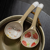 Japanese cute long-handled soup spoon large Jingdezhen ceramic stoneware handmade spoon spoon porridge spoon household soup porridge