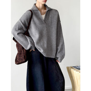 Autumn and winter new korean lapel top v-neck skin-friendly, breathable, loose, stylish, covering the flesh and making you slim 7054