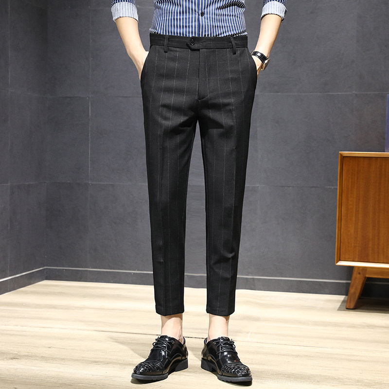 Fashion brand spring and summer new nine-point small trousers men's British casual suit pants Black plaid slim Korean version of the trousers