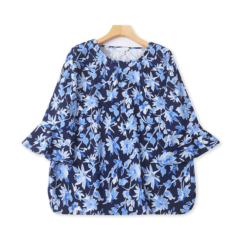 Foreign Trade Summer New Style Bell-Sleeve Floral Fashion Three-Quarter Sleeve Shirt for Women, Korean Version Loose Pullover Printed T-Shirt