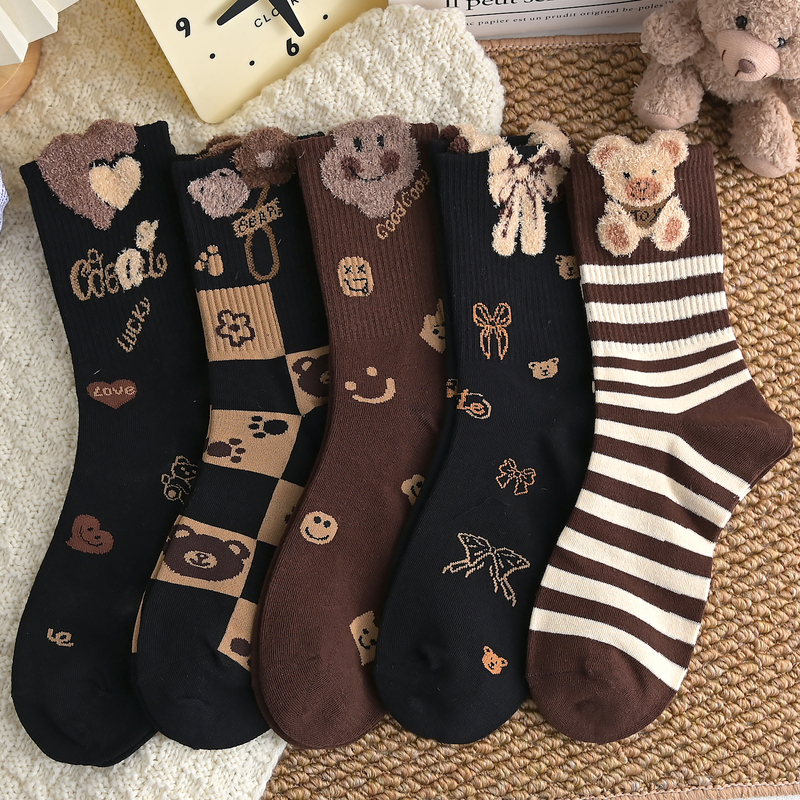 Autumn and Winter Socks for Women, Mid-Calf Socks, Black, Stylish, Cute Cartoon Feather Yarn, Teddy Bear Cotton Socks, 2025 New Long Socks