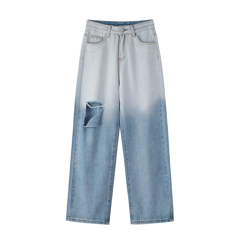 Huang not annoying gradient color high waist jeans women Autumn design sense broken hole pants loose wide leg straight long pants