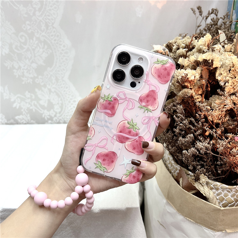 Braccialetto elastico magnetico rosa tenero con cuore di fragola, perline, adatto per 14 creatività, 15 corde appese al polso_voghion.com