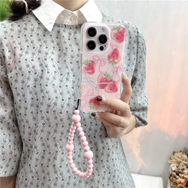 Braccialetto elastico magnetico rosa tenero con cuore di fragola, perline, adatto per 14 creatività, 15 corde appese al polso_voghion.com