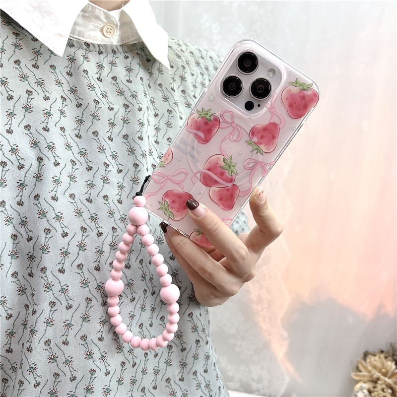 Braccialetto elastico magnetico rosa tenero con cuore di fragola, perline, adatto per 14 creatività, 15 corde appese al polso_voghion.com