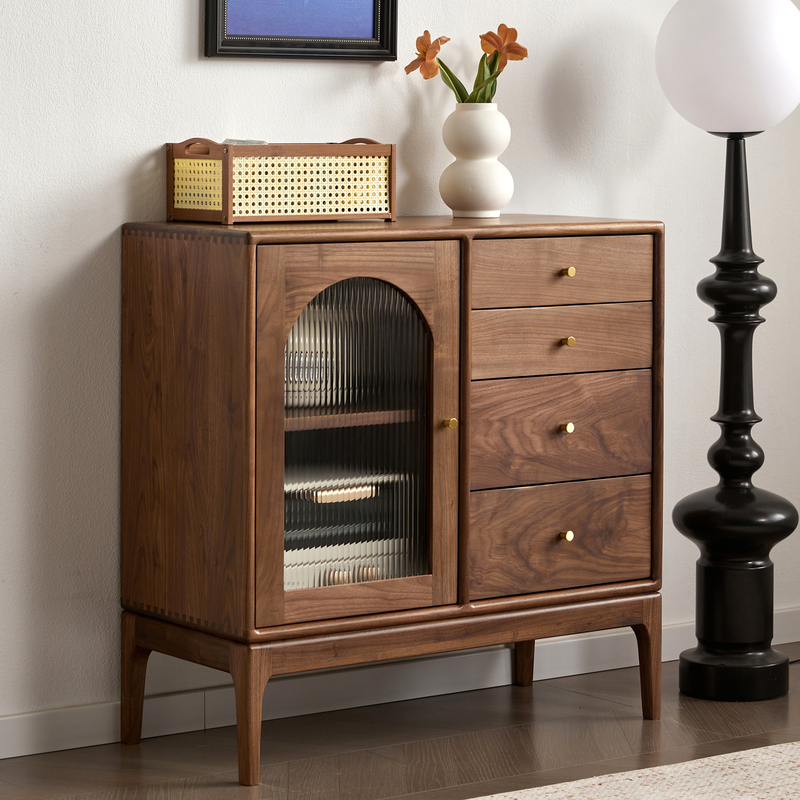 Solid Wood Walnut Sideboard Living Room Entrance Wall-Mounted Storage Cabinet Nordic Simple Style Glass Door Multi-Functional Wine Cabinet