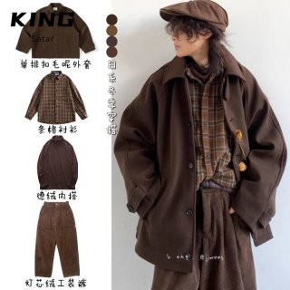 Winter japanese outfit complete set of maillard retro single-breasted woolen coat men's loose raglan sleeve woolen coat