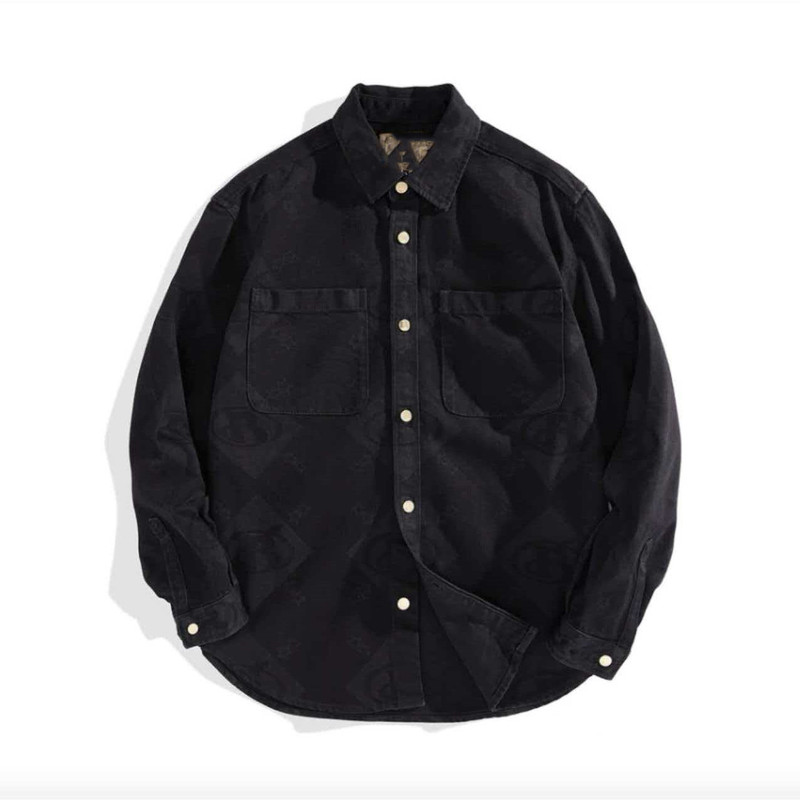 Tai Series Cut-Label Loose Fit Dark Pattern Print Workwear Denim Long Sleeve Shirt C3217