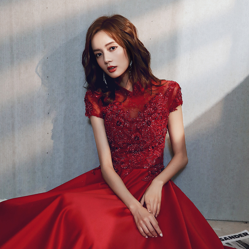 Bride's Toast Dress in Burgundy, Noble Satin, Stunning Elegance, High-End Vintage Wedding, Slimming Engagement Evening Dress for Women