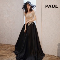 One-word shoulder black host annual evening dress female 2021 New banquet temperament long thin elegant and generous