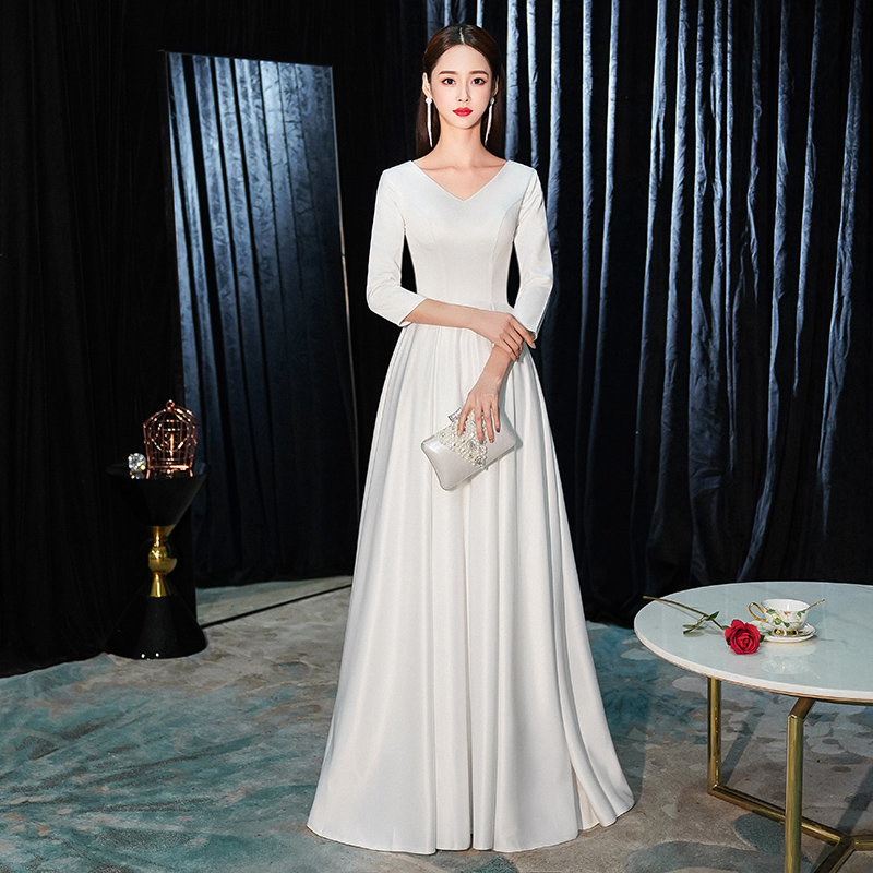 Temperament Evening Dress Dress Women's Simple and Generous Long Edition Celebrity White Choir Dress Long Edition Banquet Long Sleeve