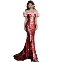 Straight Shoulder Toast Bridal Wine Red Color 2024 New Engagement Tandem Dress Fish Tail Sequin Gown High-end Woman
