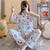 Pajamas ladies summer short-sleeved trousers cardigan thin suits womens summer Korean girls can wear home clothes