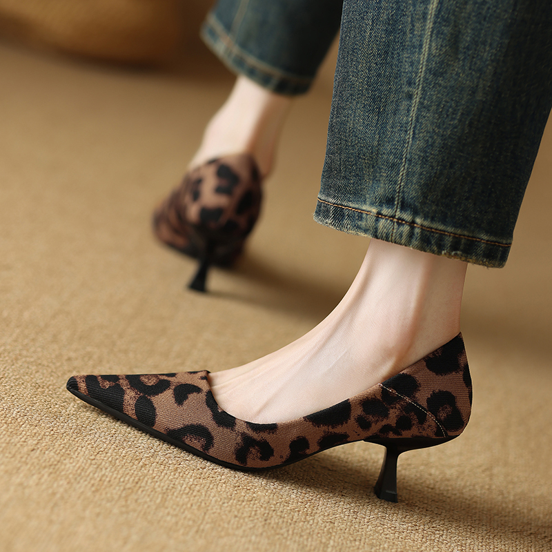 Retro Leopard Print High Heels for Women, Thin Heels, 2026 New Versatile Pointed Toe Shallow Comfortable Slip-On Work Shoes