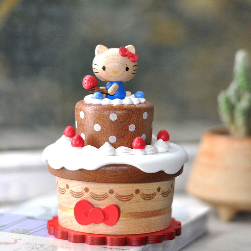 Jeancard Music Box KT Cake Kitty Taiwan Wood Rotating Eight-Oct Box to Give Gifts to Girls